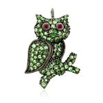 Pave Tsavorite Ruby Owl Design Charm Pendant Sterling Silver Jewelry