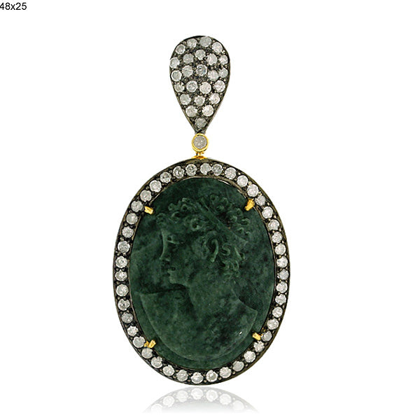 Natural Cameo Pave Diamond Oval Pendant In 18k Gold Silver For Women