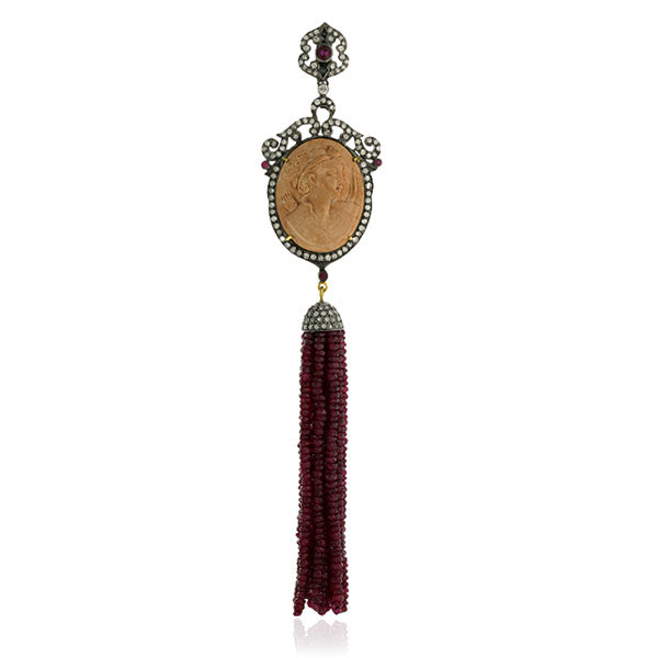 Handcarved Cameo Pave Diamond Ruby Tassel 18k Gold Silver Pendant For Women