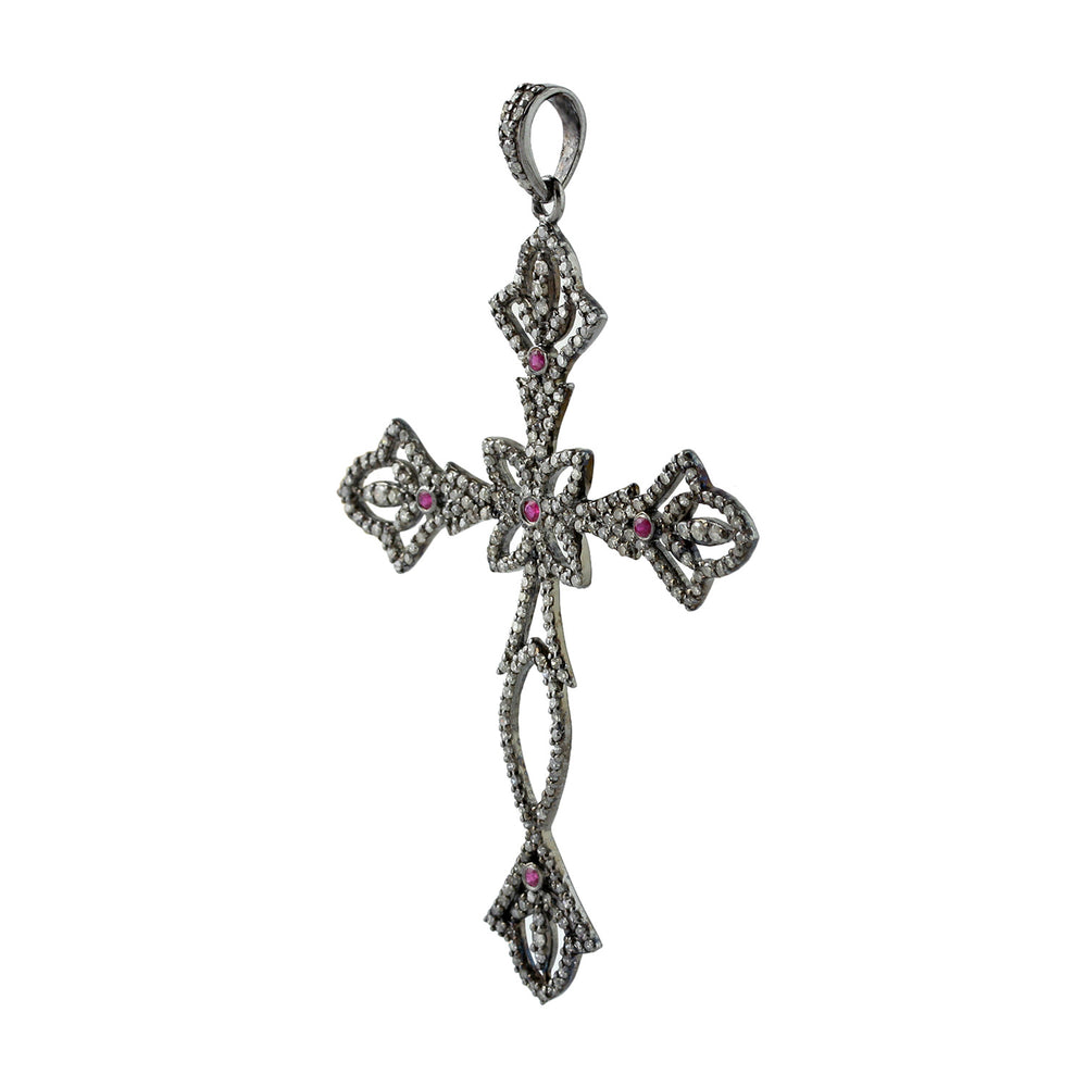 Vintage Design Cross Religious Pendant Ruby Diamond In Sterling Silver