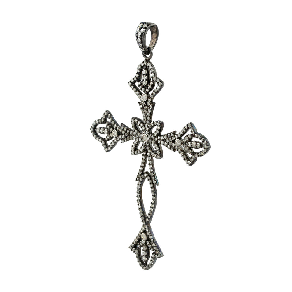 Vintage Design Cross Religious Pendant Diamond In Sterling Silver