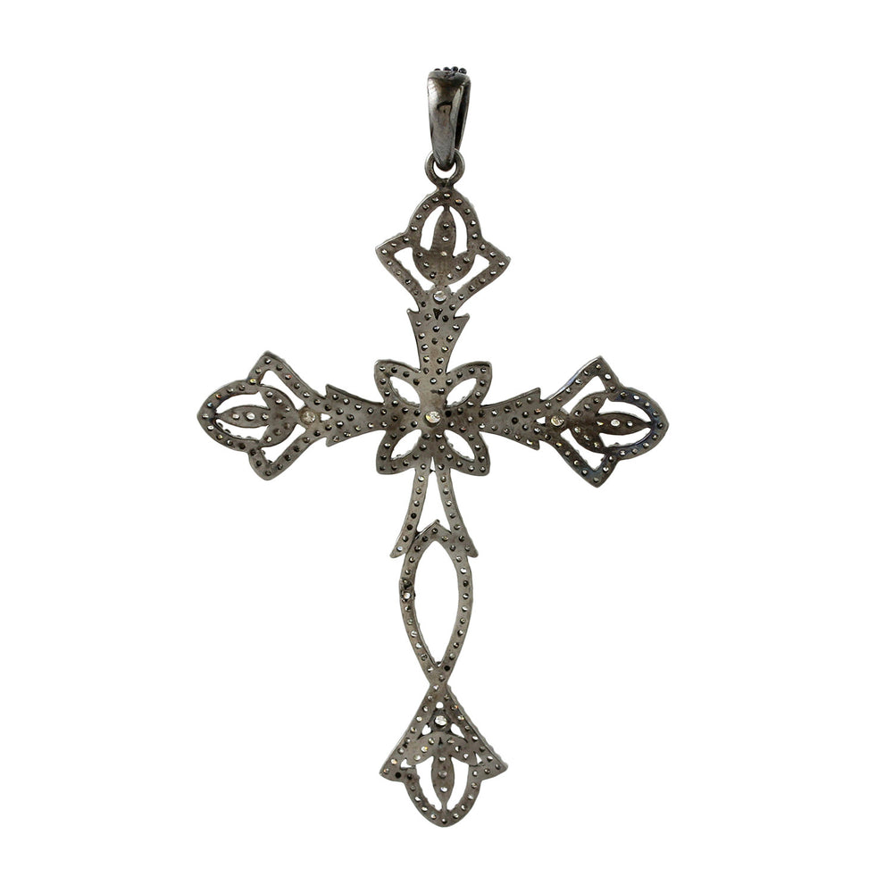 Vintage Design Cross Religious Pendant Diamond In Sterling Silver