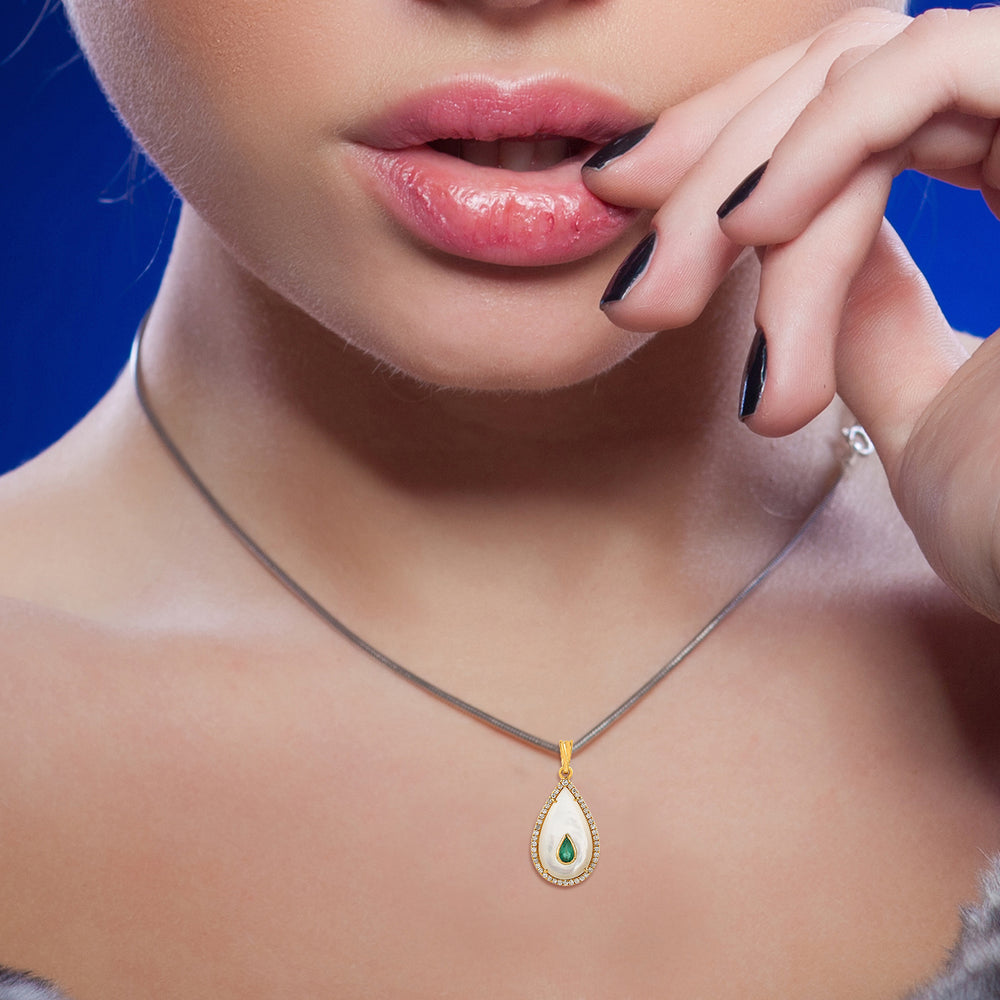 Pear Cut MOP Emerald Diamond Pendant In 18k Yellow Gold