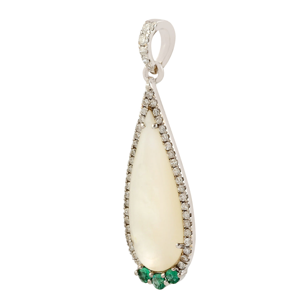 Natural Pearl Pave Diamond & Emerald Pendant 18K White Gold Jewelry