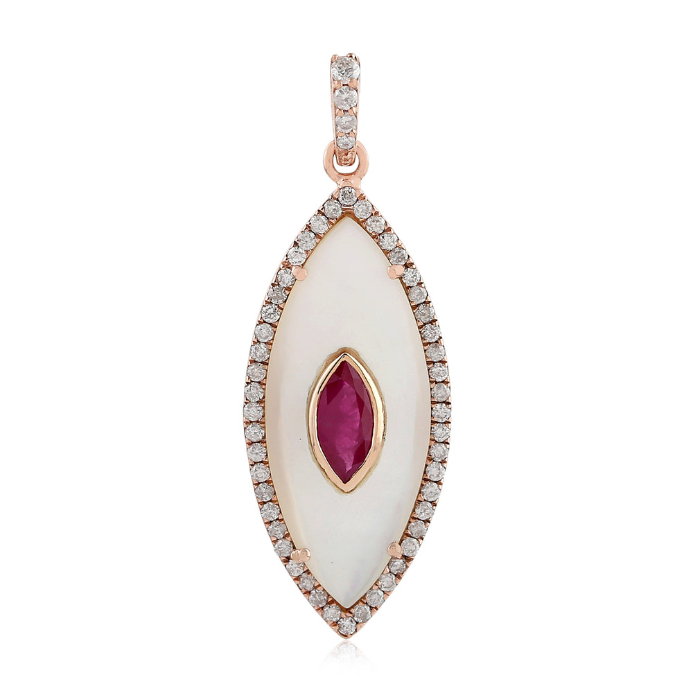 Natural Mother Of Pearl & Ruby Marquise Shape Pendant 18K Rose Gold Jewelry