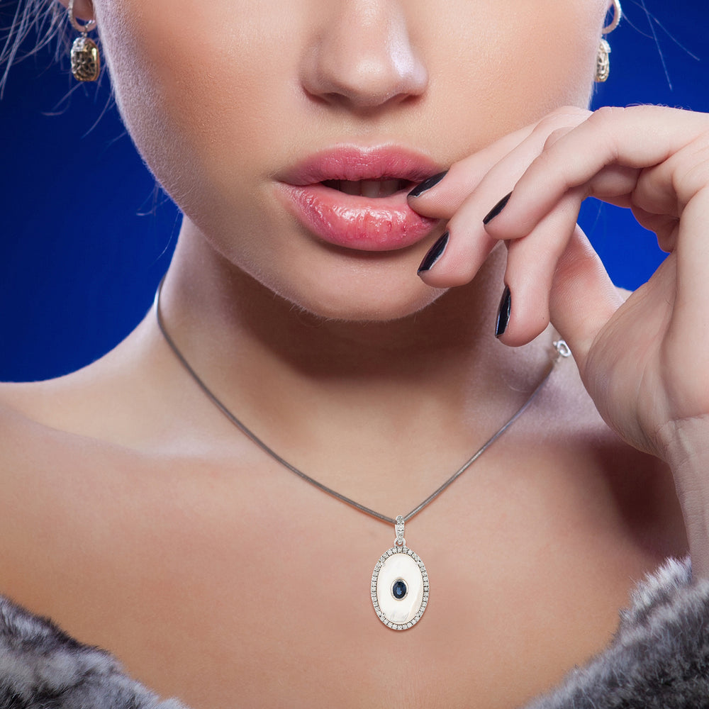 Natural Pearl Blue Sapphire Oval Charm Pendant In White Gold June Birthstone Jewelry