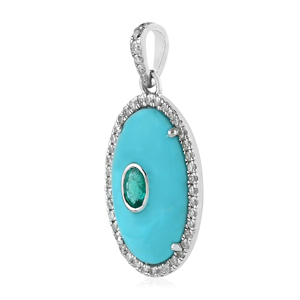 18K Gold Diamond Turquoise & Emerald Gemstone Pendant Jewelry Gift