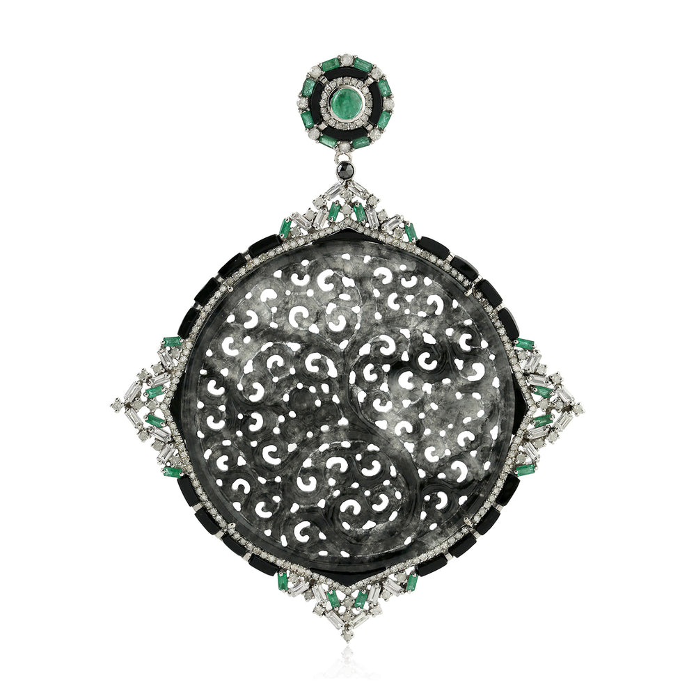 Carved Jade Natural Emerald Pendant 18K White Gold 925 Sterling Silver Onyx Jewelry