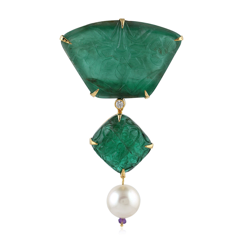 Carved Emerald Pearl Amethyst Vintage Pendant In 18k Gold