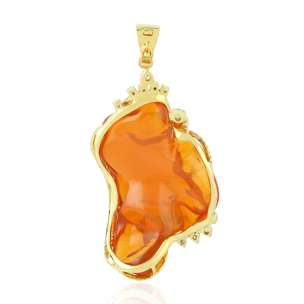 18k Yellow Gold Pave Diamond Fire Opal Gemstone Designer Pendant Jewelry Gift For Her