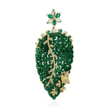 Filigree Carved Jade Leaf Designer Diamond Emerald Pendant In 18k Gold