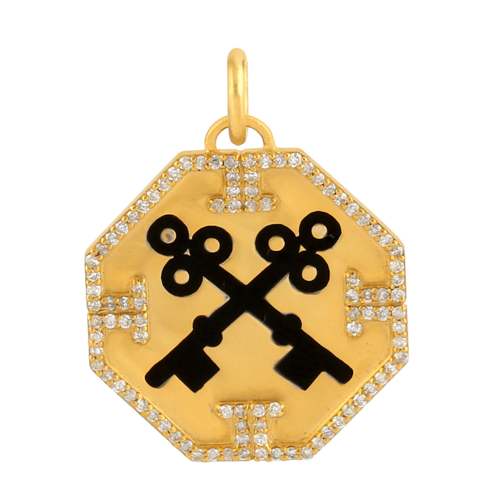Natural Micro Pave Diamond Enamel Lock Key Design Octagon Pendant In 14k Gold