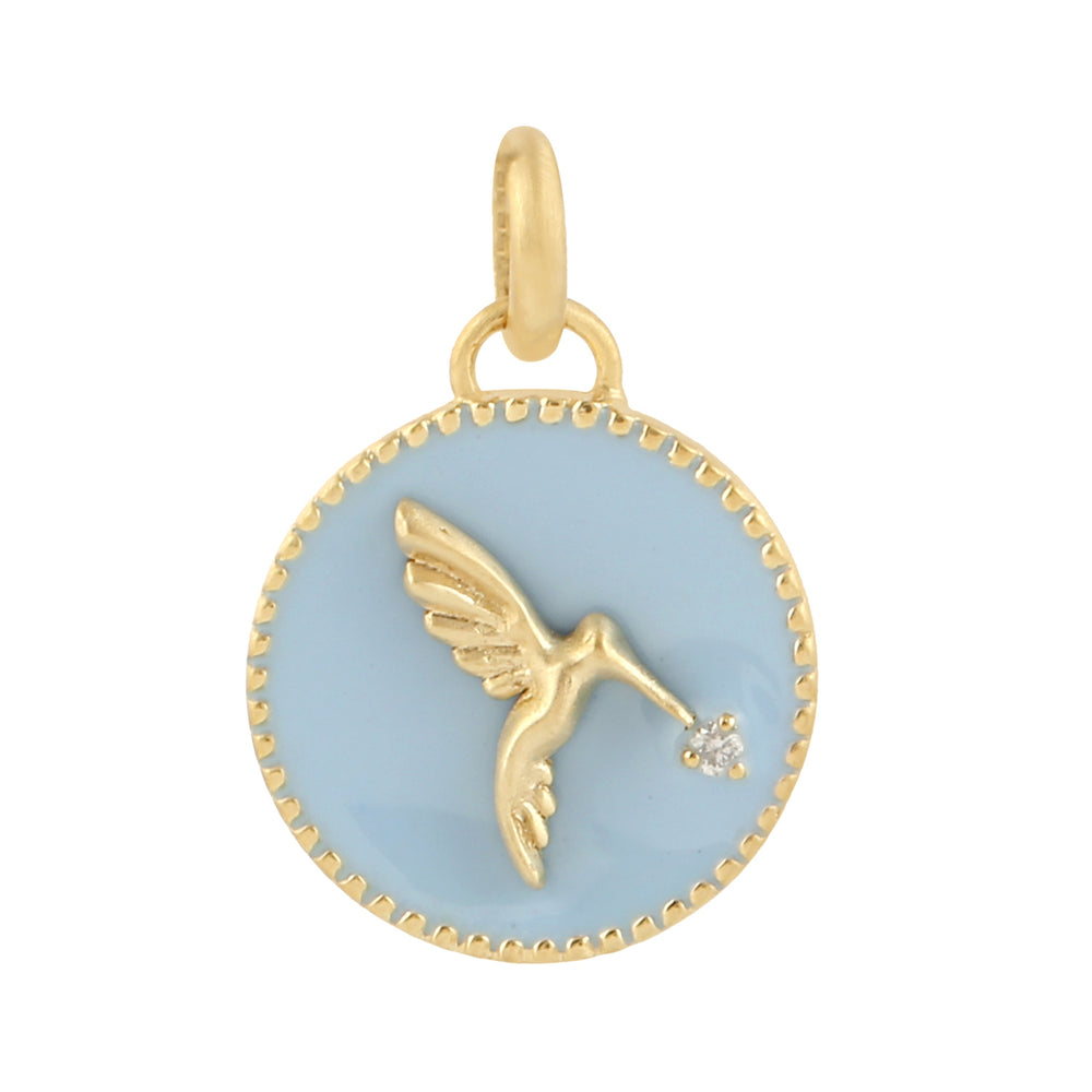 Natural Diamond Gemstone 14k Yellow Gold Flying Bird Charm Pendant Enamel Jewelry