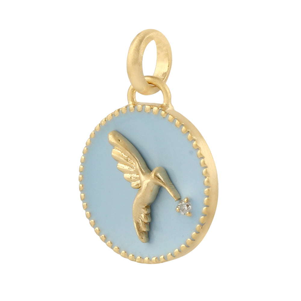 Natural Diamond Gemstone 14k Yellow Gold Flying Bird Charm Pendant Enamel Jewelry