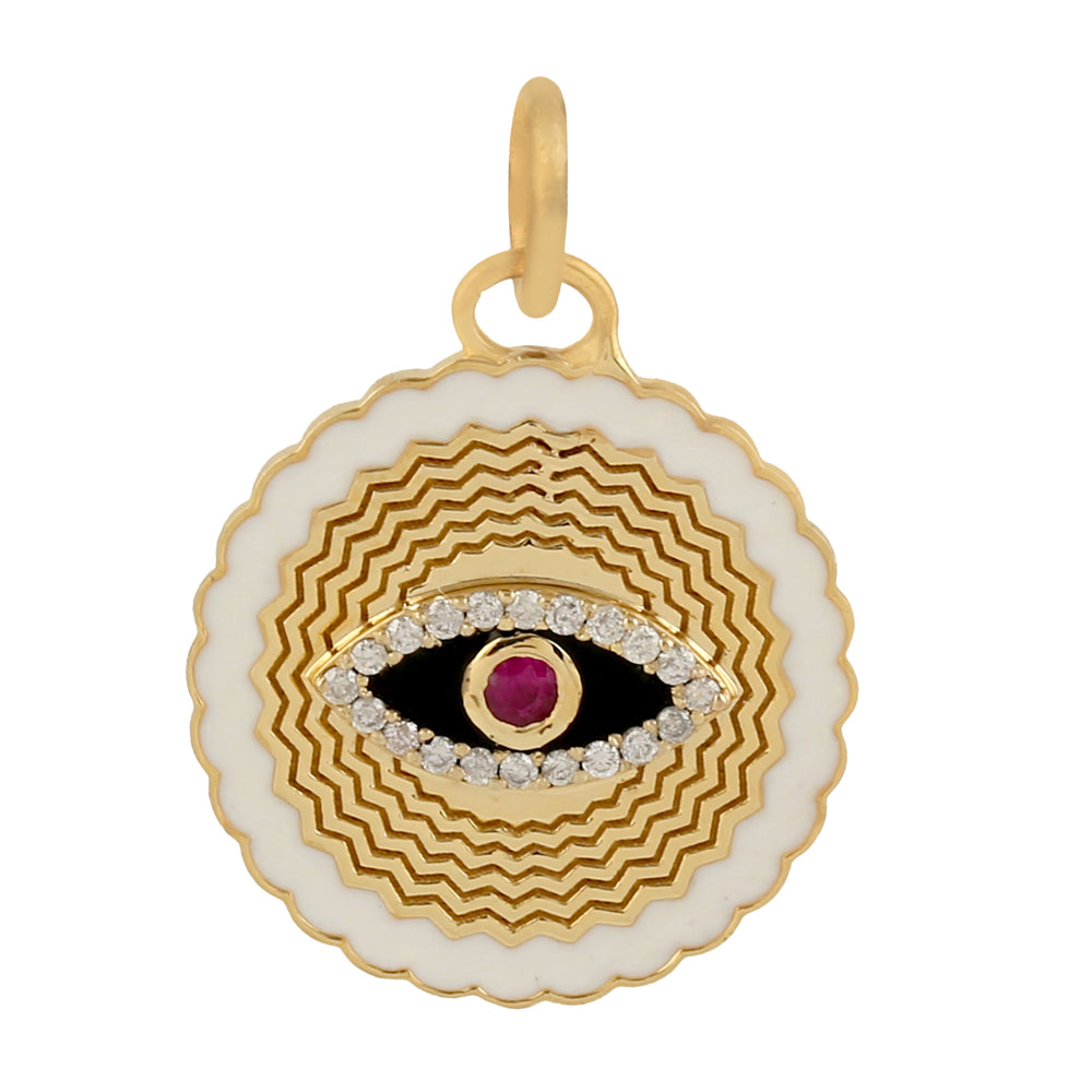 14k Gold Pave Diamond Evil Eye Ruby Enamel Pendant Handmade Jewelry