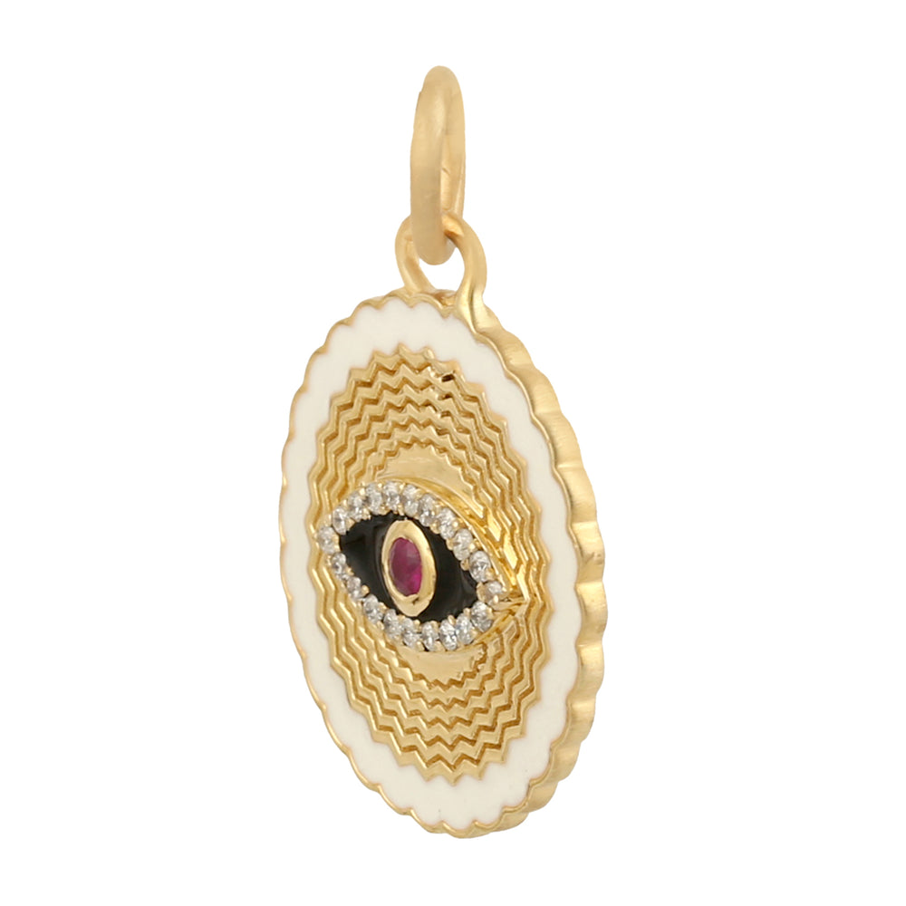 14k Gold Pave Diamond Evil Eye Ruby Enamel Pendant Handmade Jewelry