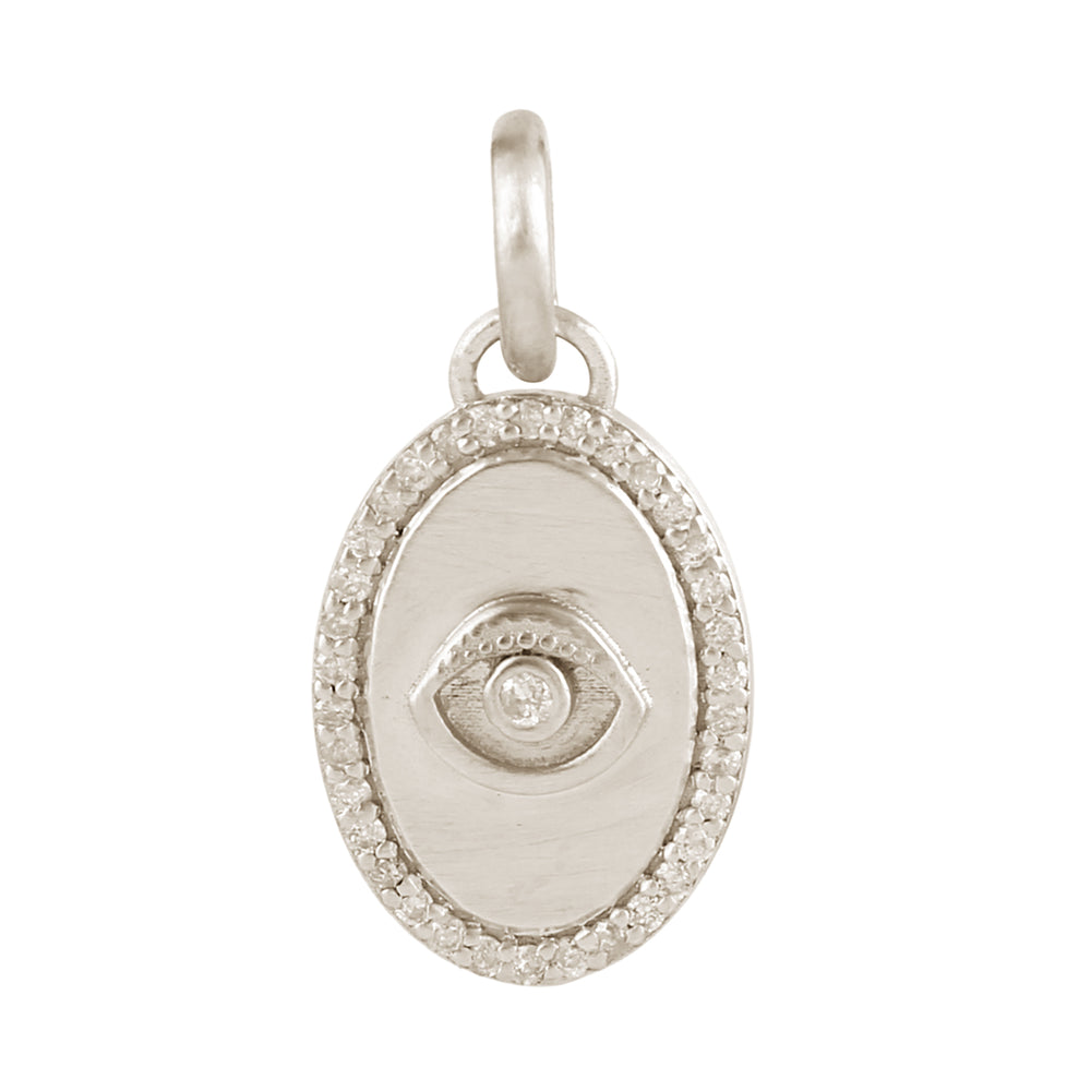 Natural Pave Diamond 14k White Gold Eye Charm Oval Pendant