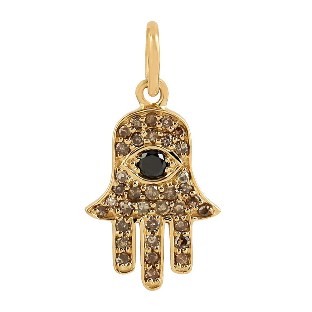Studded Black & Champagne Diamond Hamsa & Evil Eye Charm Pendant Jewelry In 18k Yellow Gold For Gift