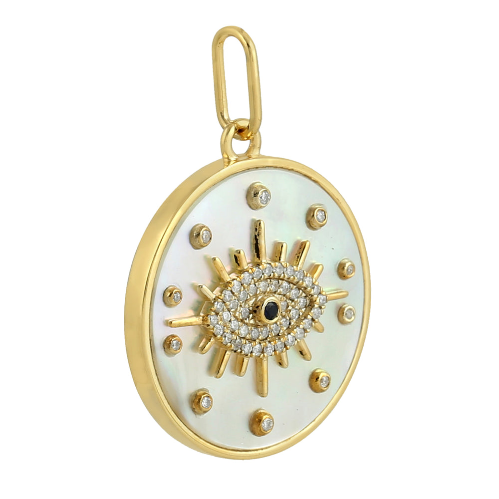 Pave Diamond Evil Eye Charm Pendant Sapphire Mop 14k Yellow Gold Jewelry