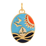 Pave Diamond Sea Boat & Sun Charm Designer Enamel Pendant Jewelry In 14k Yellow Gold