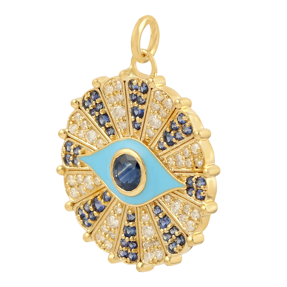 Natural Pave Sapphire Diamond Evil Eye Charm Pendant 14k Gold