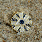 14k Yellow Gold Studded Blue Sapphire Pave Diamond Evil Eye Charm Pendant Fine Jewelry