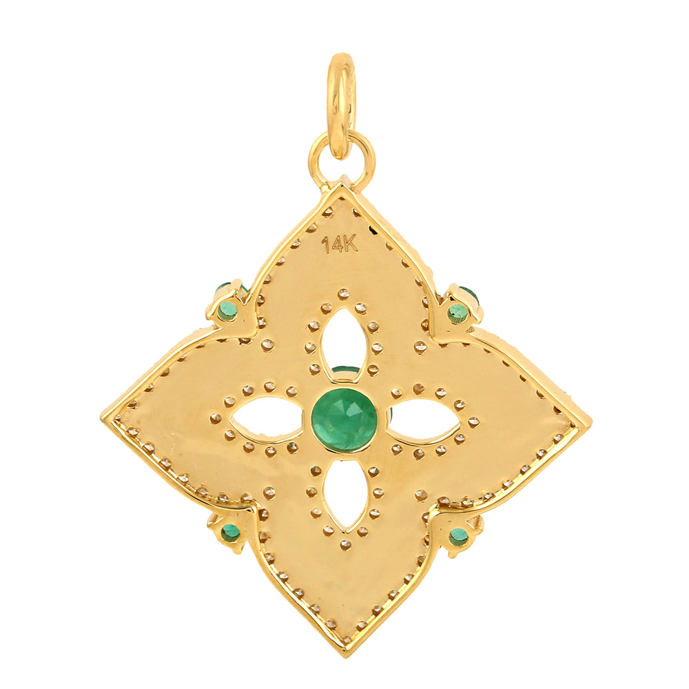 Natural Emerald Pave Diamond Designer Floral Charm Pendant In 14k Yellow Gold