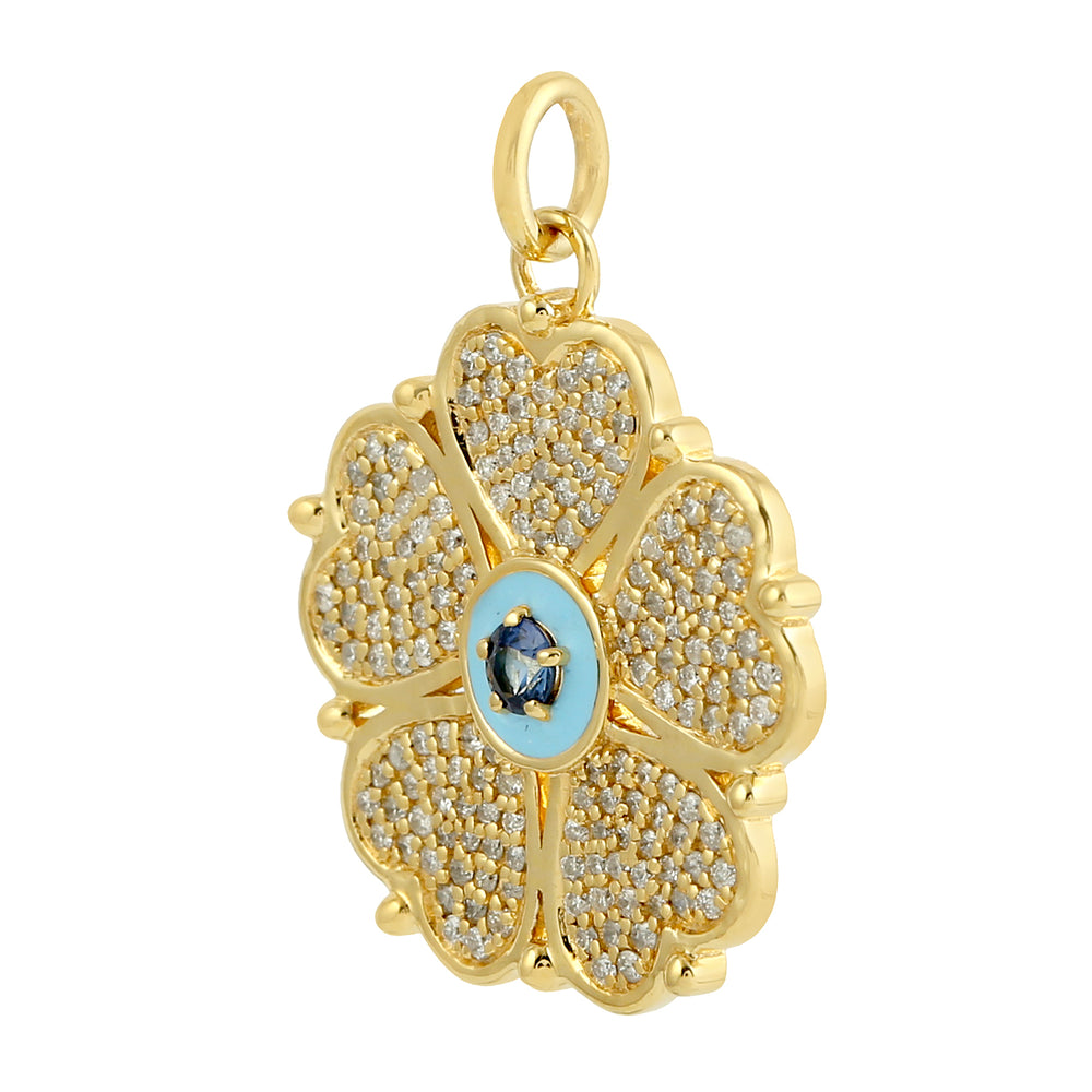 Micro Pave Diamond Sapphire Clover Leaf Design Pendant 14k Yellow Gold