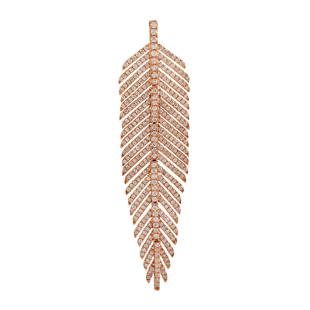 18k Rose Gold Pave Diamond Feather Charm Pendant Handmade Jewelry