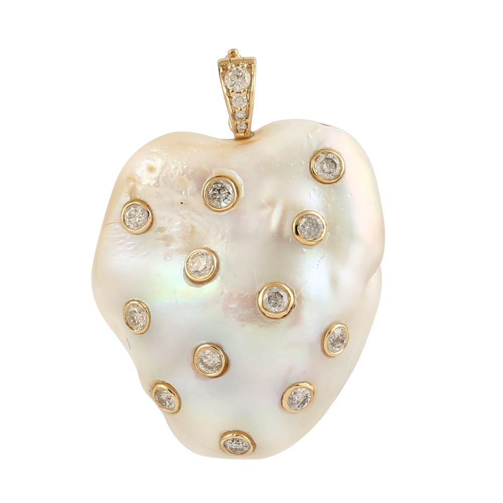 Unshaped Pearl Chinese Studded Natural Diamond Pendant Jewelry In 14k Yellow Gold
