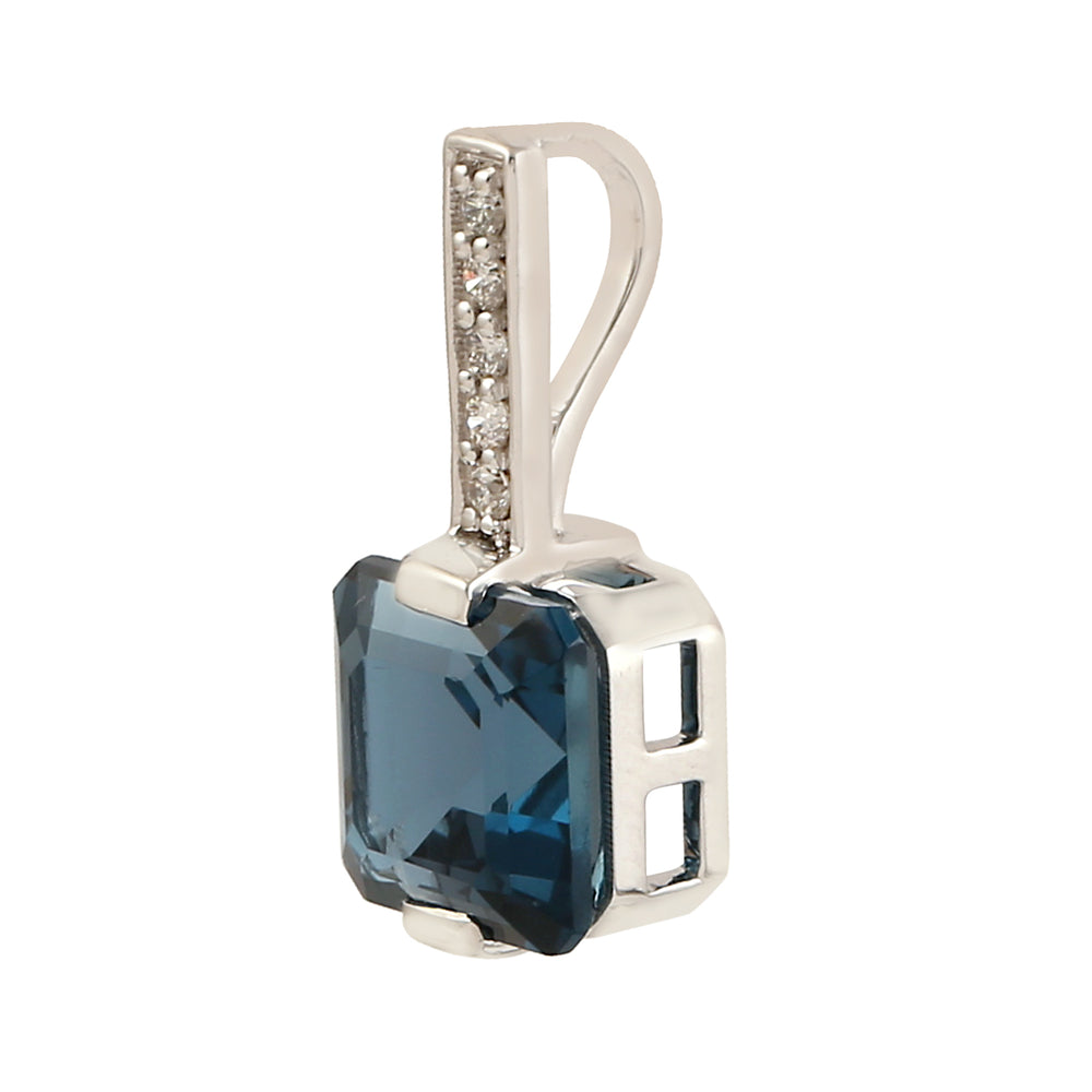 Emerald Cut Blue Topaz Pave Diamond Designer Pendant Jewelry In 18k White Gold