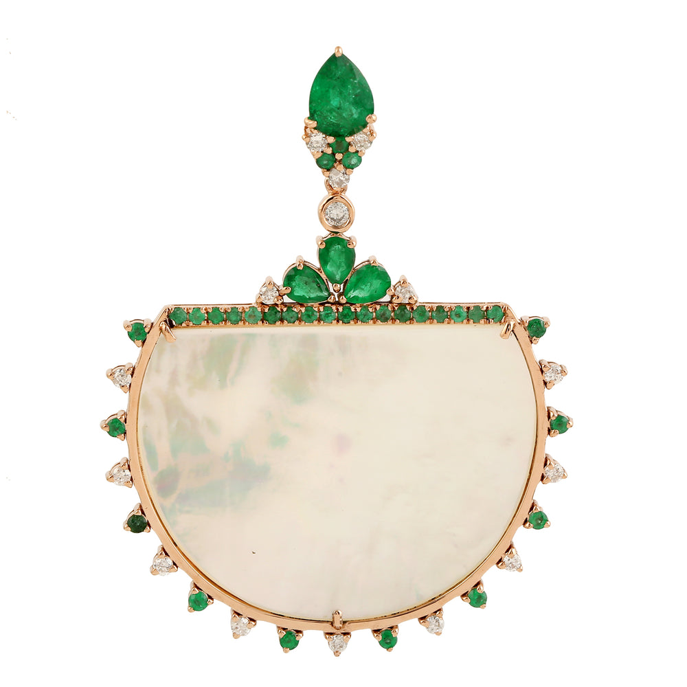 Natural Pave Diamond & Emerald, Mother Of Pearl Gemstone Designer Pendant In 18k Yellow Gold