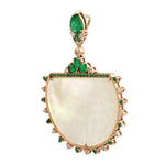 Natural Pave Diamond & Emerald, Mother Of Pearl Gemstone Designer Pendant In 18k Yellow Gold