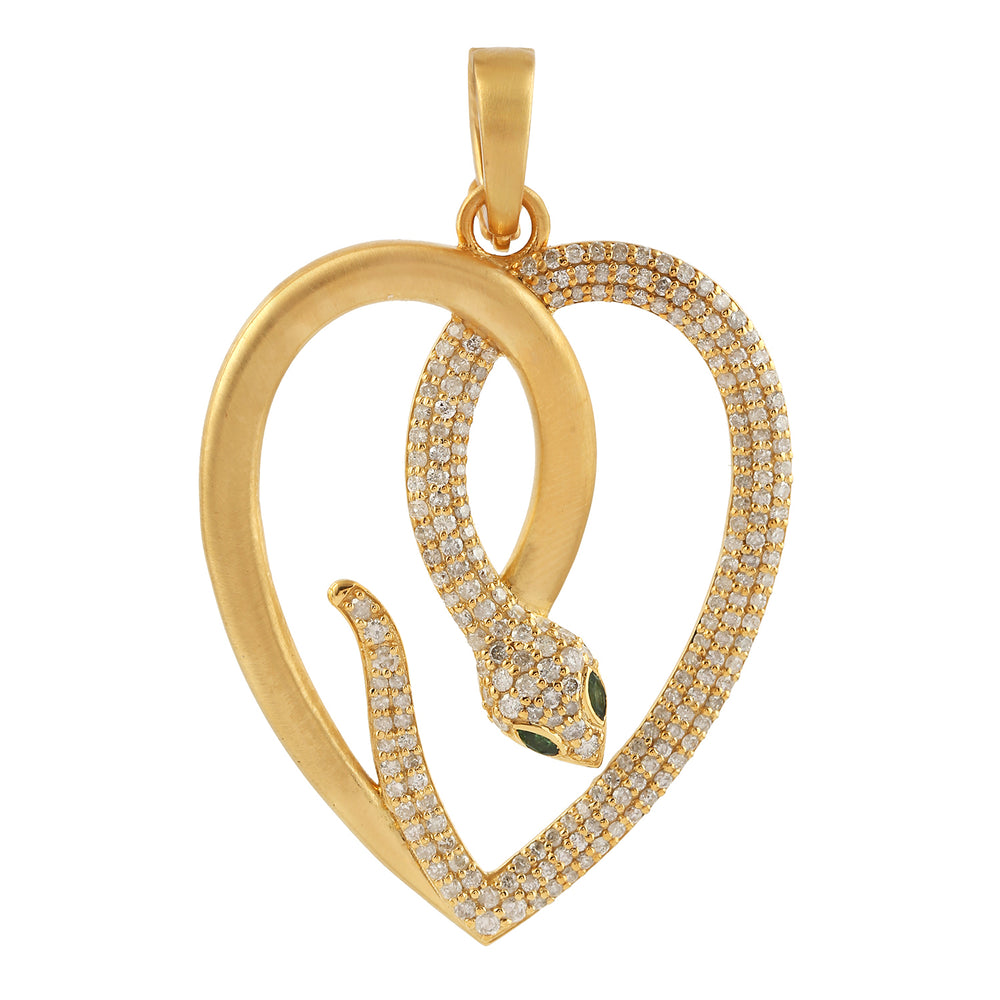 Natural Pave Diamond & Tsavorite Gemstone Snake Charm Designer Heart Pendant Jewelry In 14k Yellow Gold