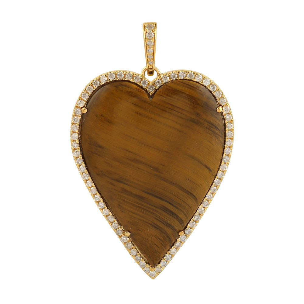 Tiger Eye & Pave Diamond Heart Shaped Pendant In 18k Yellow Gold