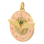 Natural Emerald & Pave Diamond Eagle Wings Charm Enamel Pendant In 18k Yellow Gold