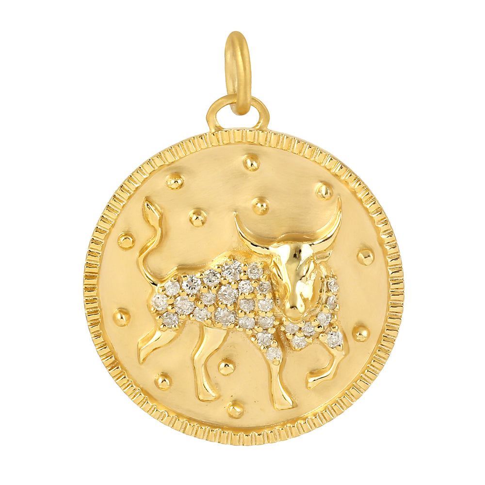 Natural Pave Diamond Taurus Zodiac Charm 14k Yellow Gold Pendant