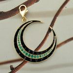 Yellow Gold 18k black Onyx Crescent Moon With Multiple Emerald Designer Pendant For Her