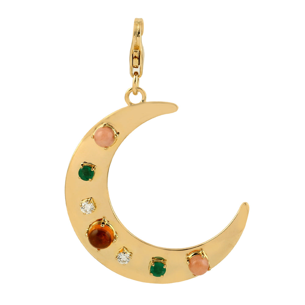 Natural Citrine Emerald Diamond Crescent Moon Charm pendant In 18k Yellow Gold