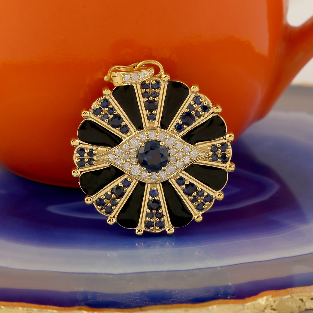 Yellow gold 14k uniquely beautiful evil eye sapphire diamond pave for her