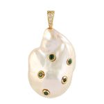 Baroque Pearl Chinese Emerald Diamond Designer Pendant In 14k Yellow
