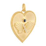 Natural Sapphire Diamond Handcarved Butterfly Heart Charm Pendant In 14k Gold