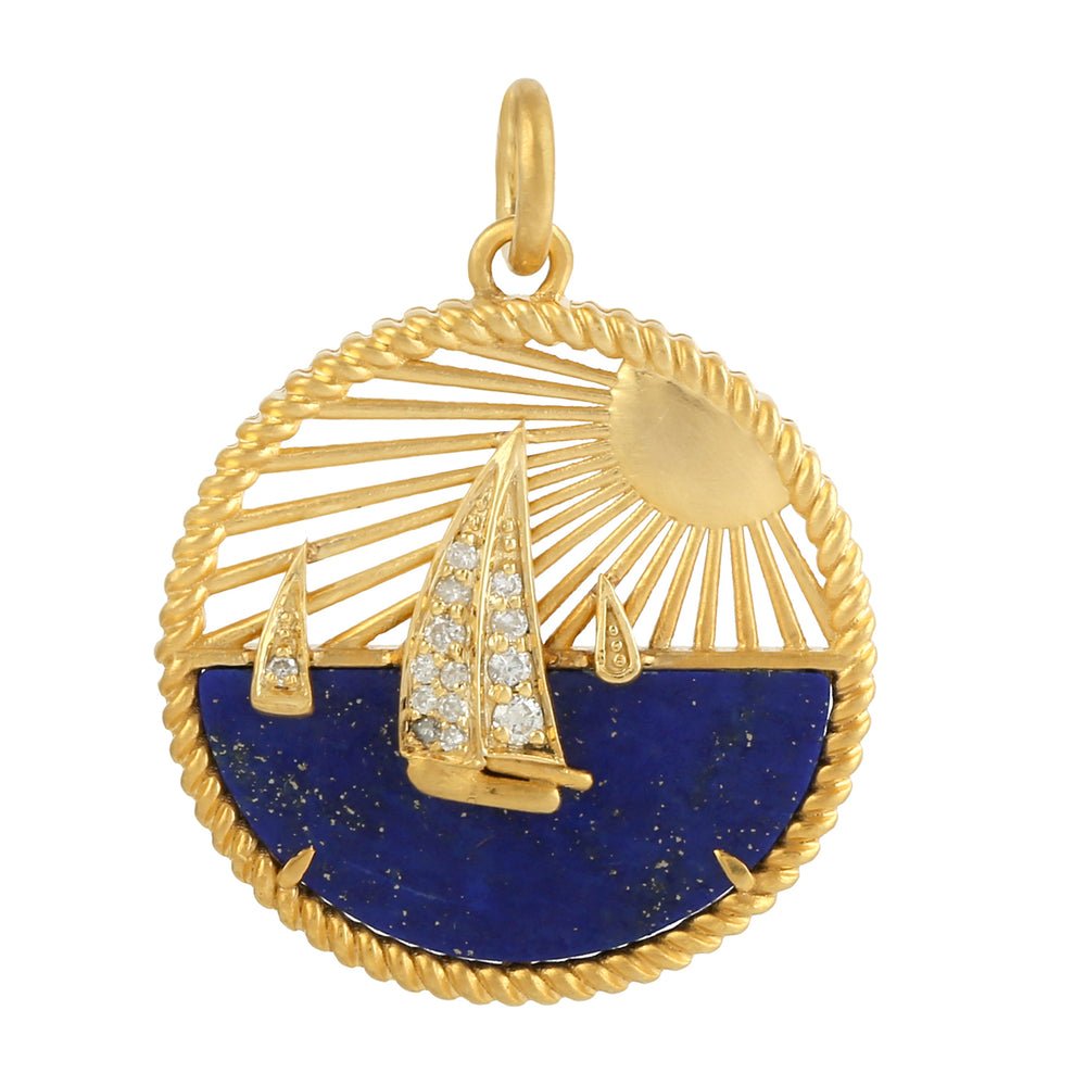 Lapis & Diamond Sail Boat Pendant In 14k Gold