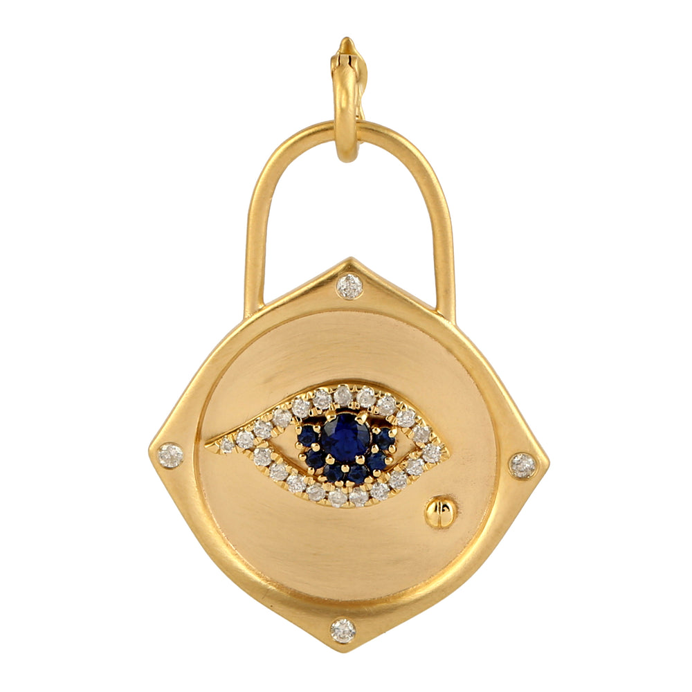 Pave Diamond & Sapphire Eye Lock Charm Pendant In 14k Yellow Gold