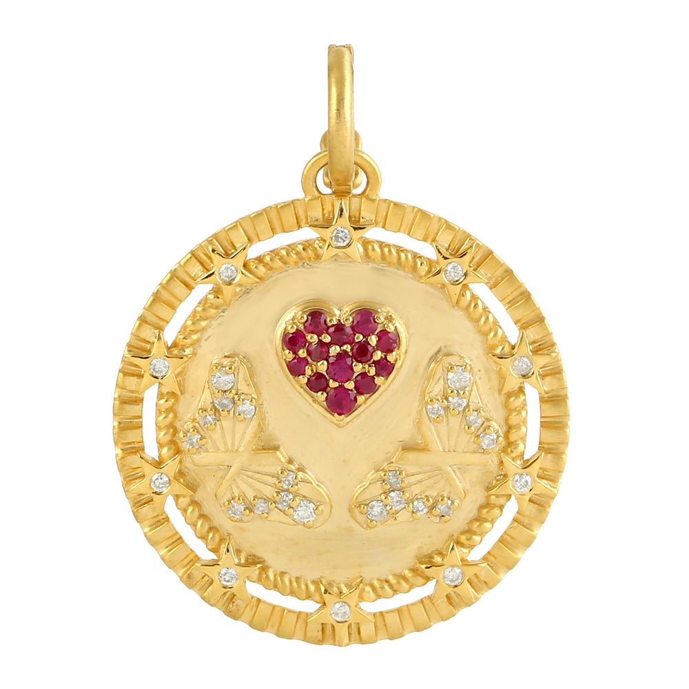 Solid 14k Gold Heart Butterfly Vintage Charm Diamond Ruby Pendant For Gift