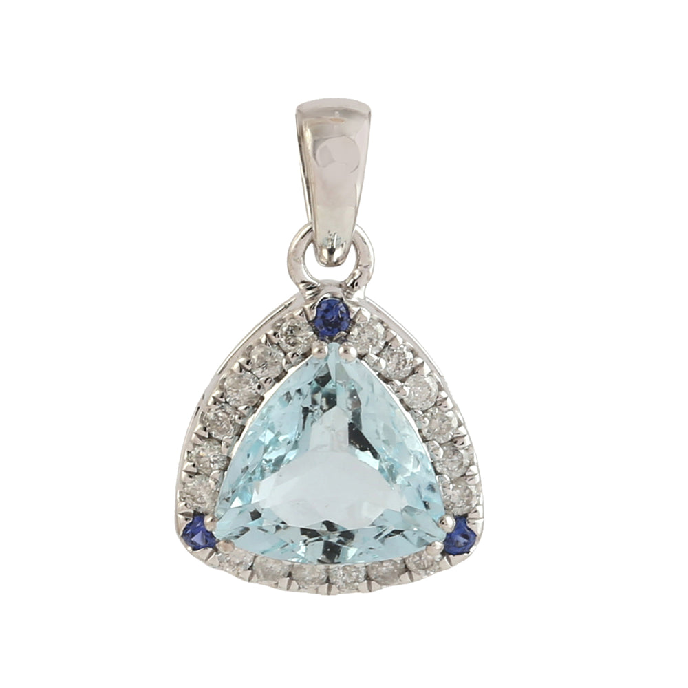 Trillion Aquamarine Sapphire Pave Diamond Beautiful Pendant In 14k White Gold Gift