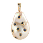 Natural Sapphire Diamond Pearl Designer Pendant In 14k Yellow Gold