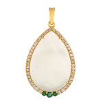 Pave Diamond Emerald Pearl Pear Pendant In 18k Yellow Gold Gift