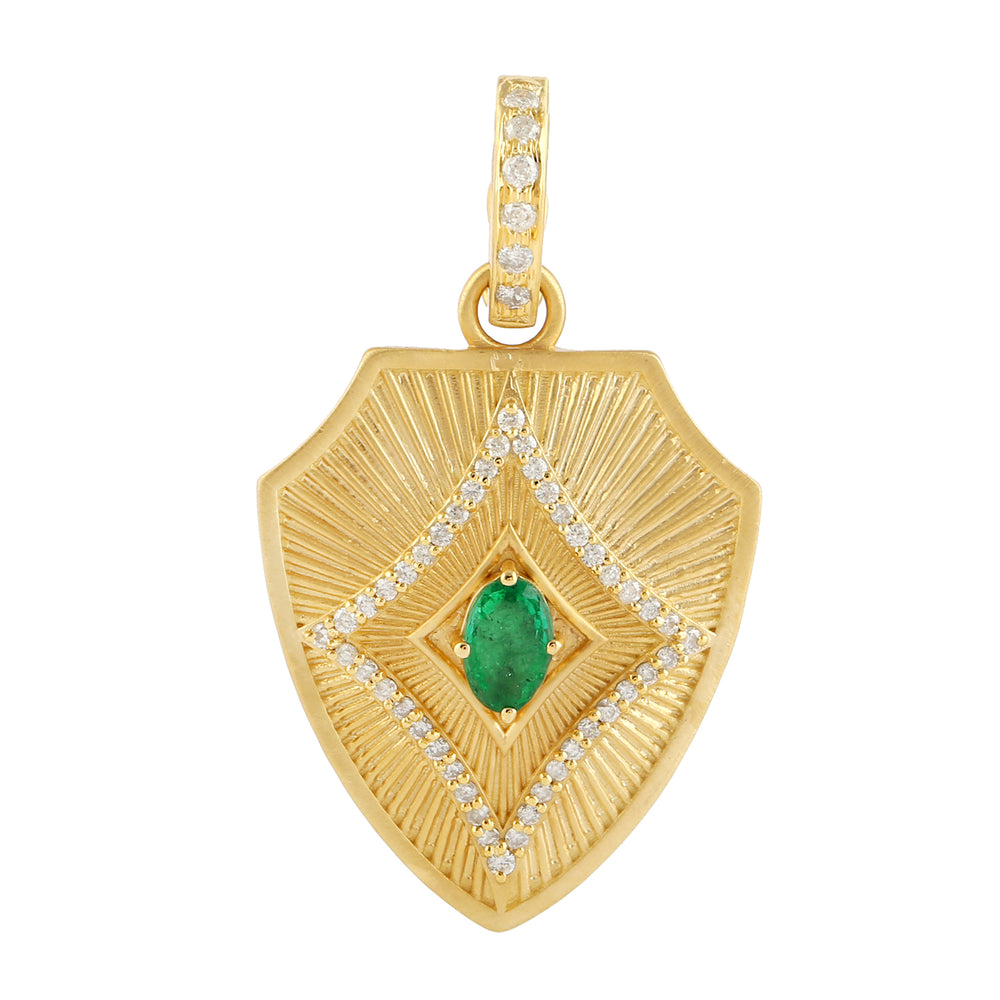 Natural Emerald Pave Diamond Handmade Pendant In 14k Yellow Gold