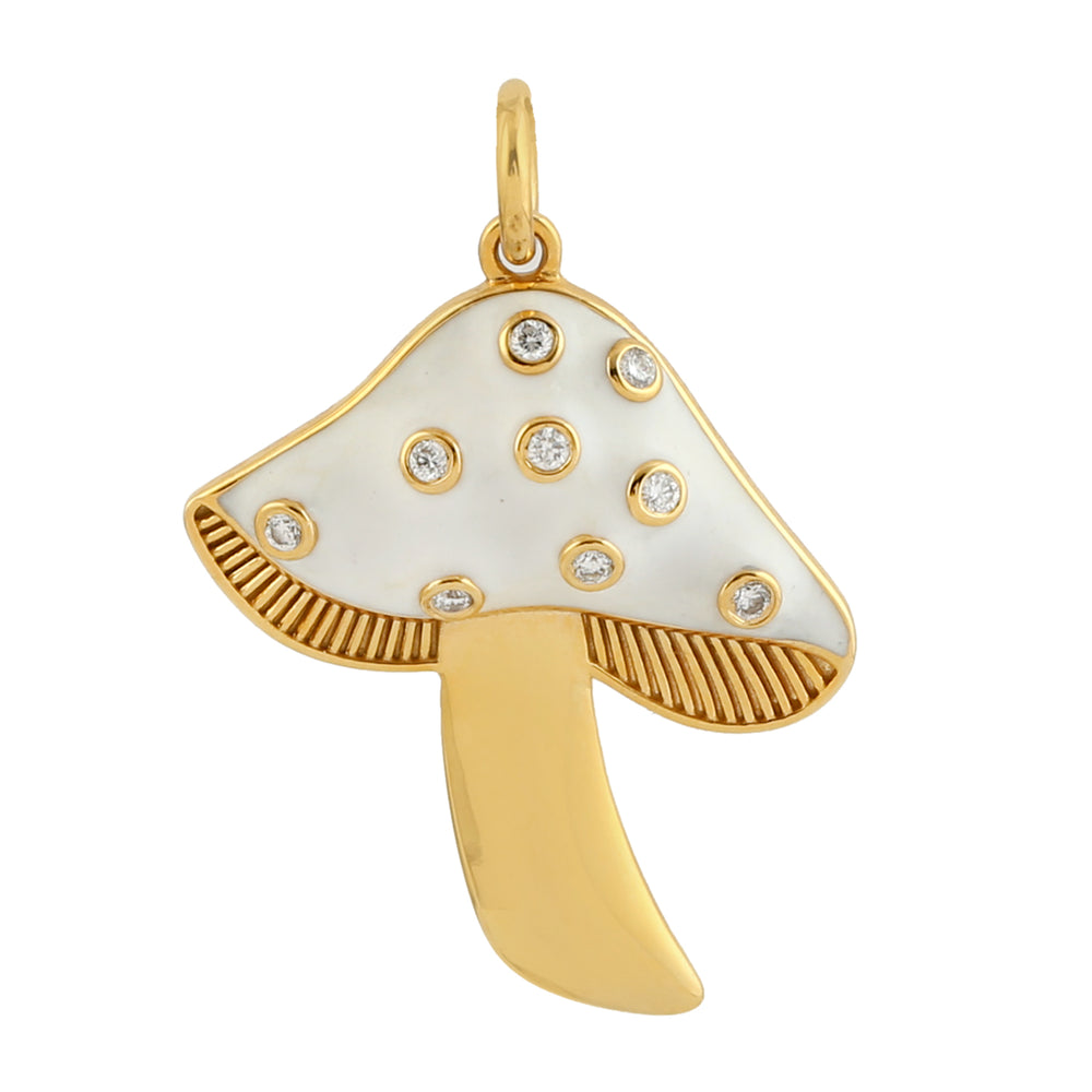 Solid 14k Yellow Gold Mushroom Enamel Diamond Pendant For Gift
